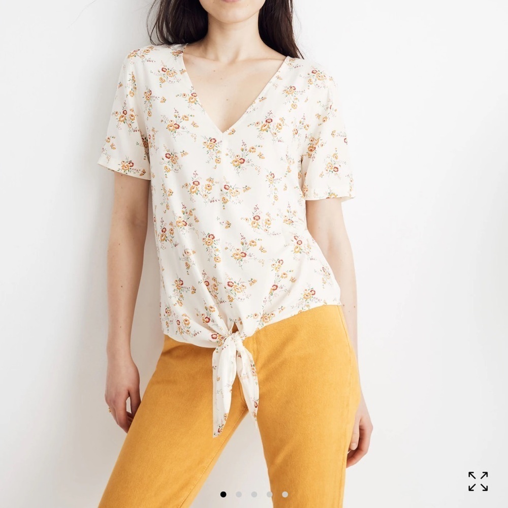 Madewell Novel Tie-Front Top in Windowbox Floral Short Sleeve Blouse